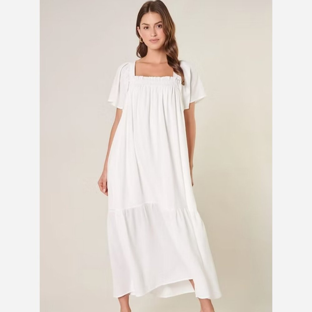 White Flutter Sleeve Midi Dress